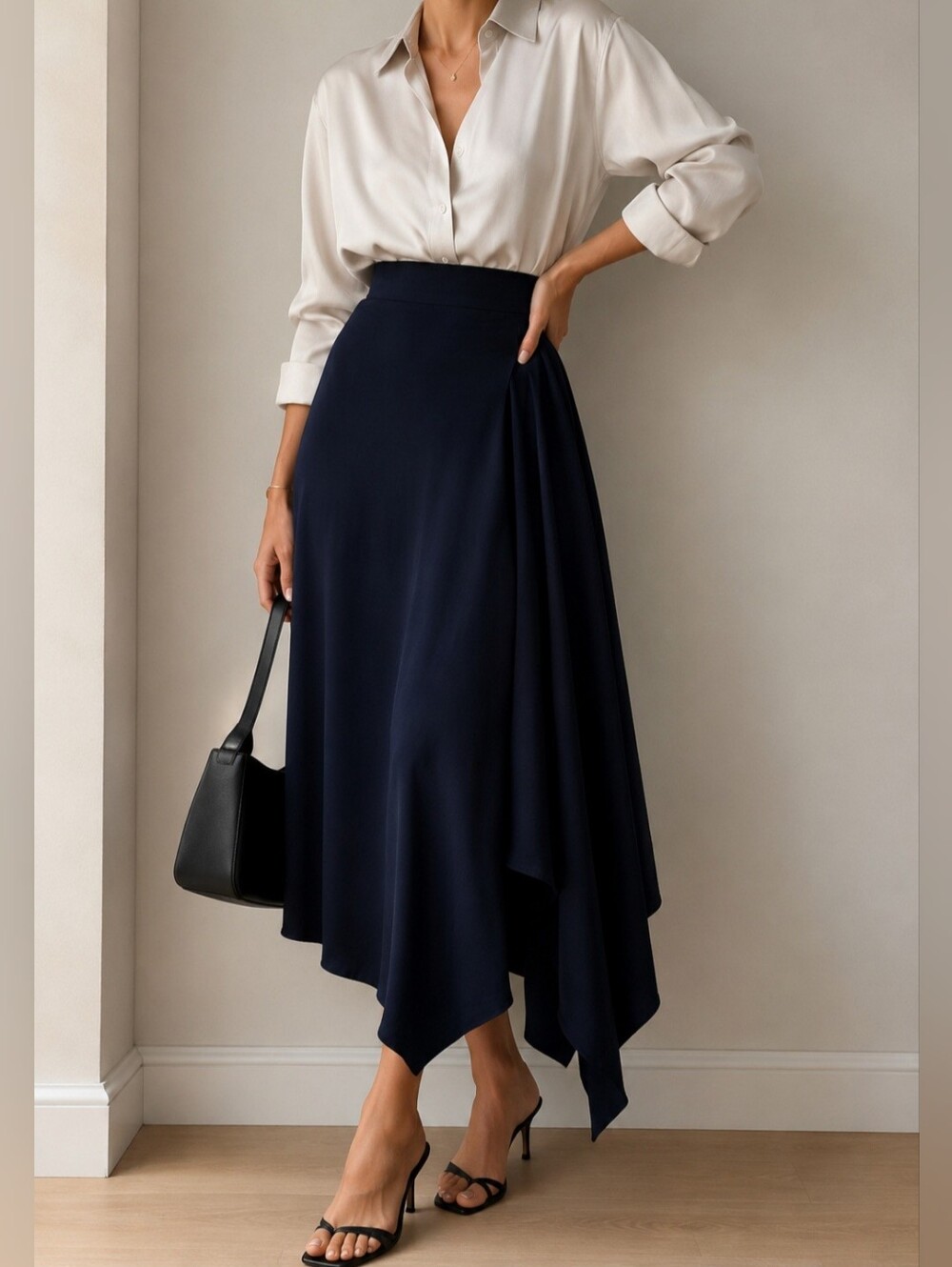 Michael Kors Navy Asymmetrical Midi Skirt